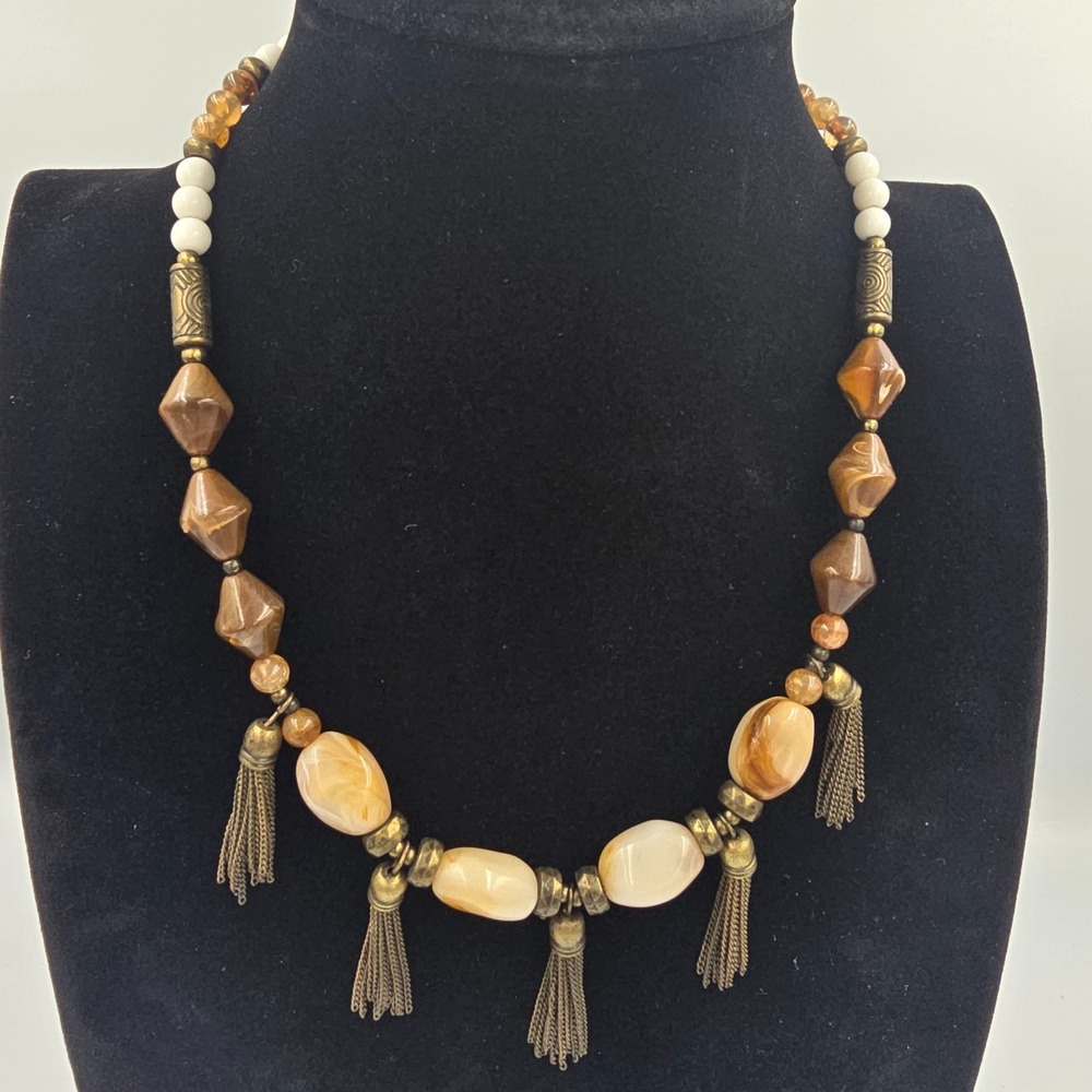 Vintage Boho Necklace Brass Tone Faux Agate Beaded Multi Tassel
